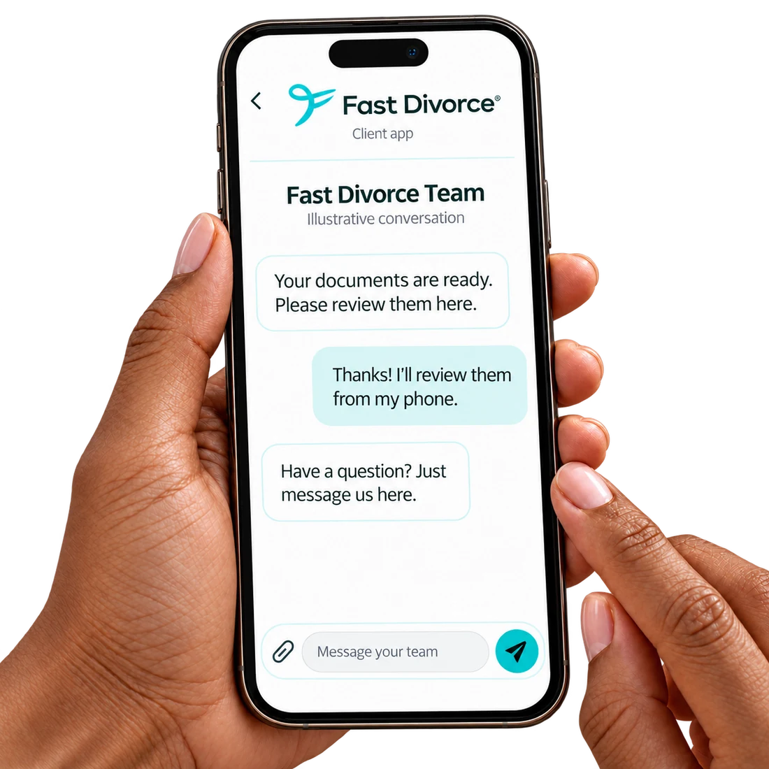 Illustrative Fast Divorce client-app conversation: documents are ready to review, and the client can message the team from their phone.