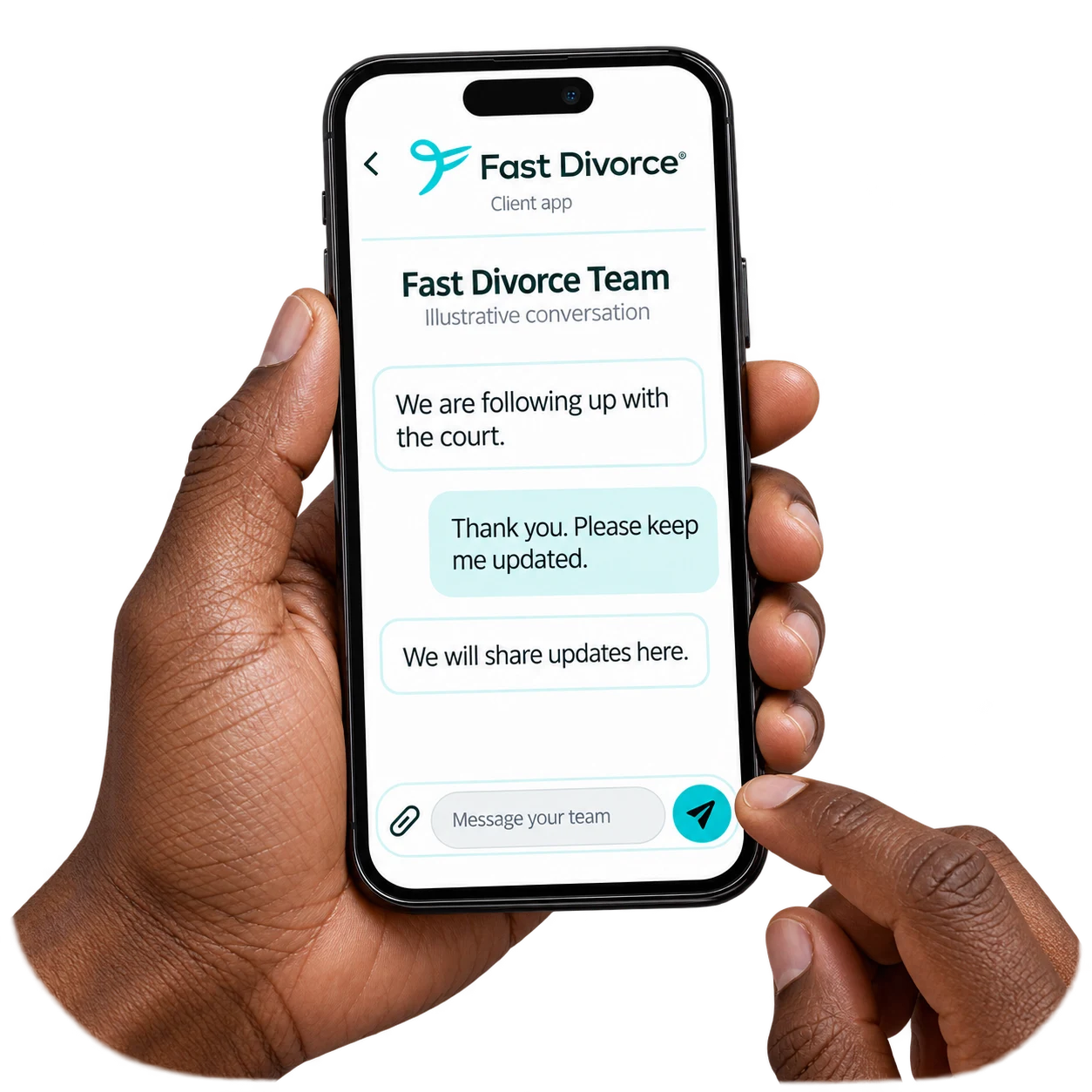 Illustrative client-app conversation about following up with the court and sharing updates.