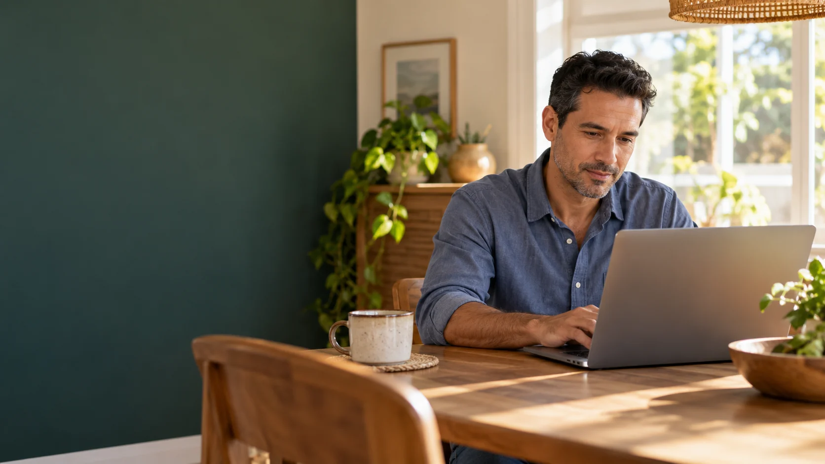 Man reviewing information on a laptop at home.