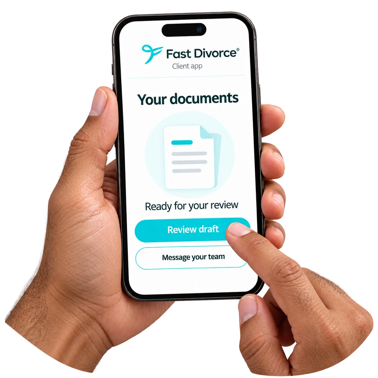 Illustrative client-app document review screen held in two hands.
