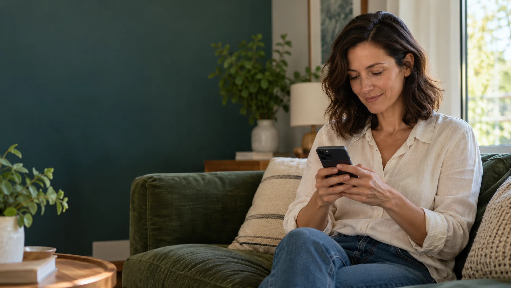 Woman reviewing information on her phone at home.