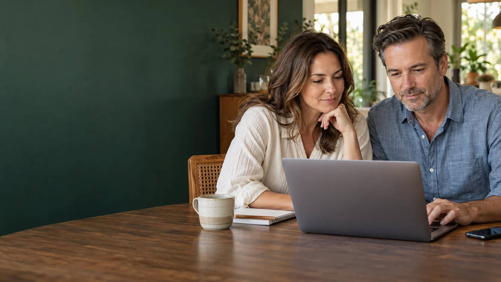 Woman and man reviewing information together on one laptop at home.
